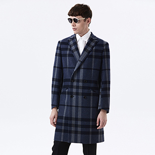 藍(lán)色時尚格紋雙排扣大衣